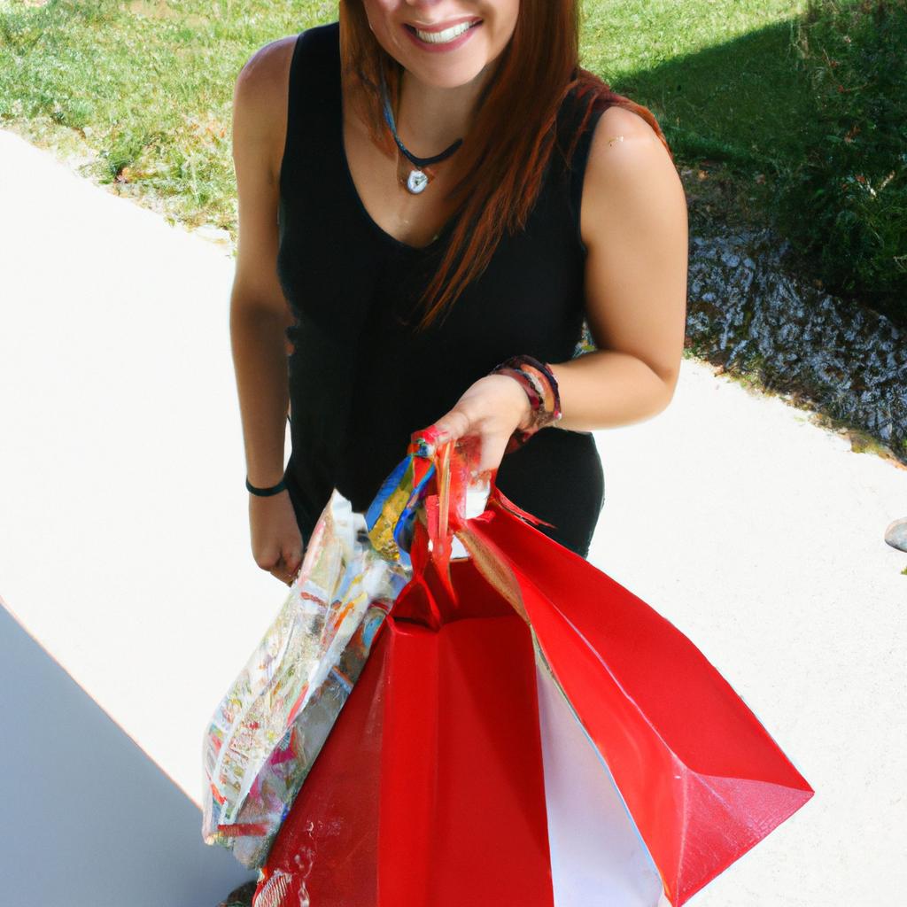 Person holding shopping bags, smiling